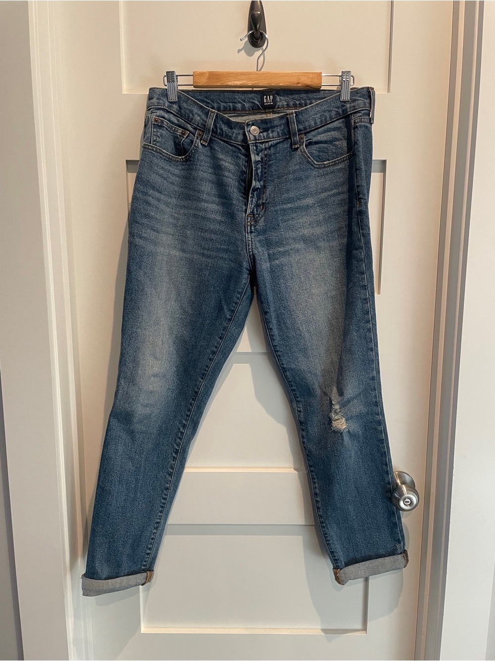 GAP Women's Dark Blue Distressed Boyfriend Jeans